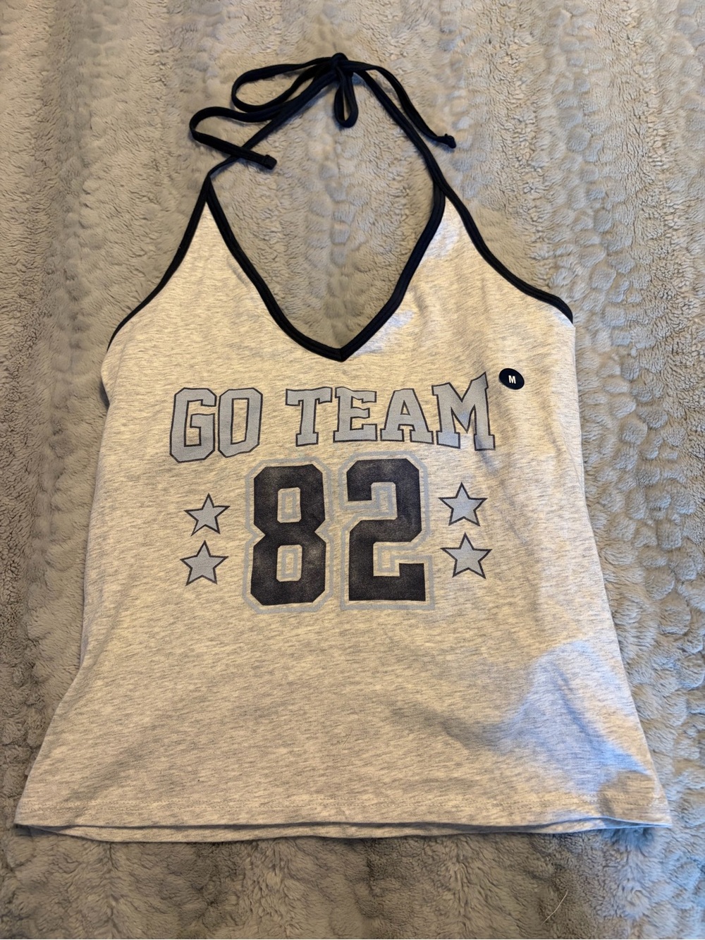 Halter Tank Top in Light Gray with 'Go Team 82' Graphic